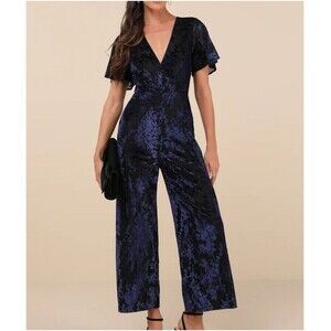 NWT Lulus Poised Excellence Black and Blue Velvet Burnout Jumpsuit Size Small